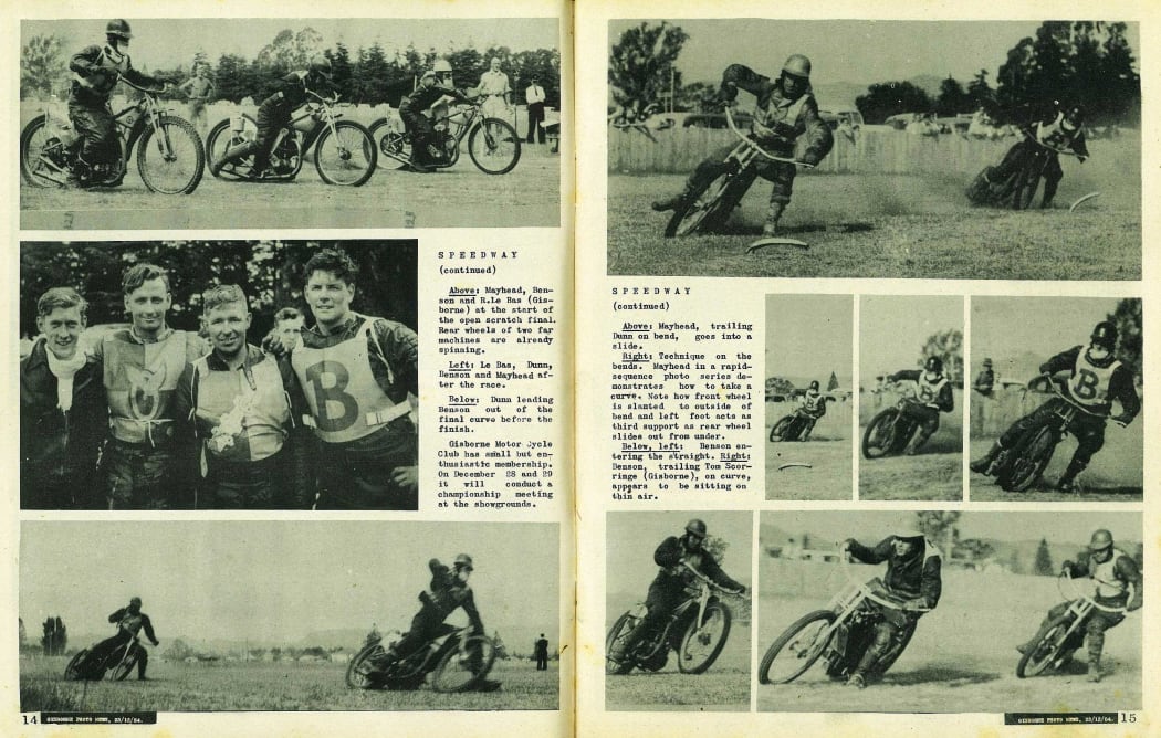 Clippings from a Gisborne Photo News profile including Hec Mayhead, 1954