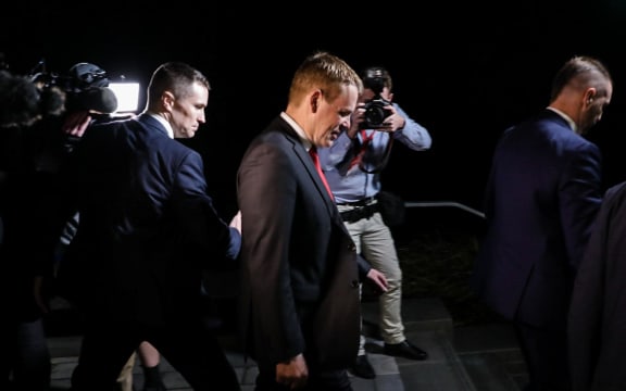 Labour leader Chris Hipkins arrives at the Labour Party event in Lower Hutt on Election Night 2023, with his party trailing way behind in the votes.