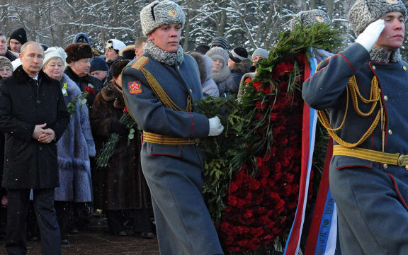 A wreath is laid in memory of those who perished during the 1941-1944 siege of Leningrad, now St.Petersburg.