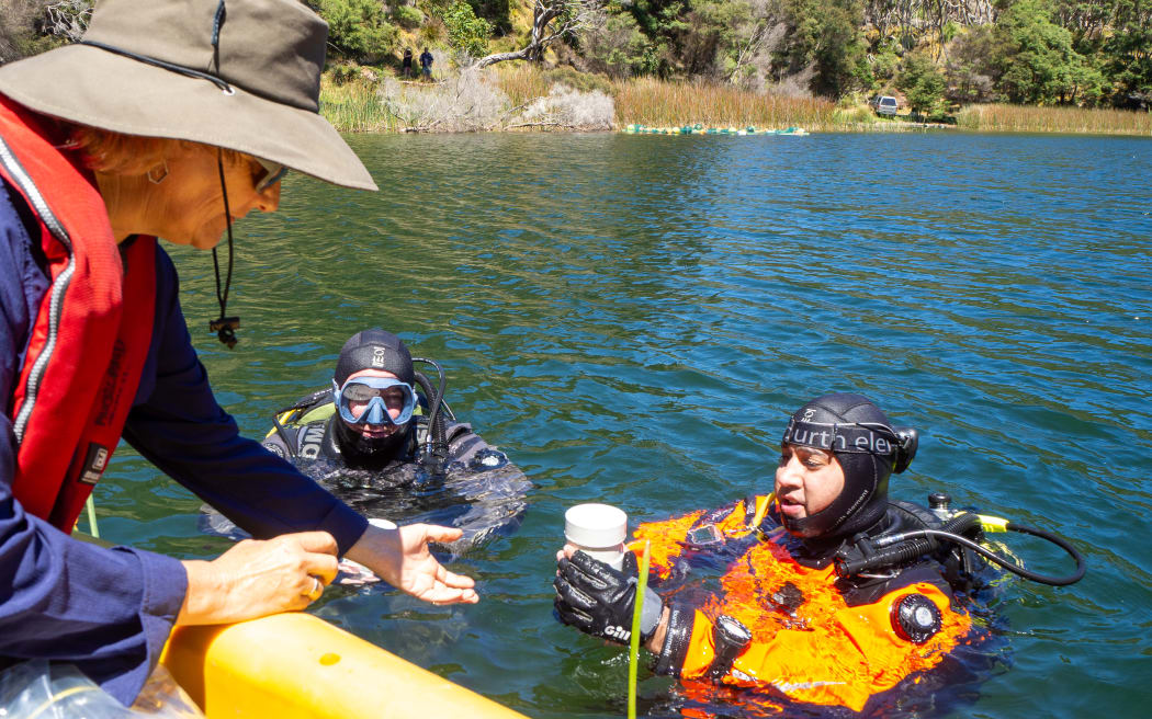 A woman wearing a wide-brimmed hat and sunglasses leans over the side of a yellow dinghy to reach for a piece of PVC pipe being offered to her by a diver wearing an orange drysuit in the water. A second diver, also in a drysuit and full SCUBA gear, floats next to them. The raupō and bush-lined lake edge is visible behind them.