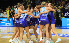 The Mystics celebrate their win during the ANZ Premiership Grand Final - Pulse v Mystics at TSB Arena, Wellington, 4 August 2024. © Copyright image by Marty Melville / www.photosport.nz