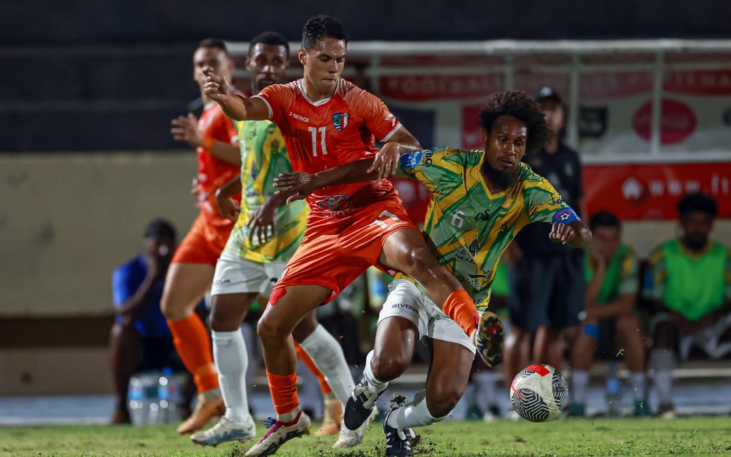 AS Magenta's Jean Claude Jewine AS Pirae's Sandro Tau. OFC Men's Champions League 2024, AS Magenta v AS Pirae, Stade Pater, Tahiti, Saturday 18 May 2024. Photo: Shane Wenzlick / www.phototek.nz