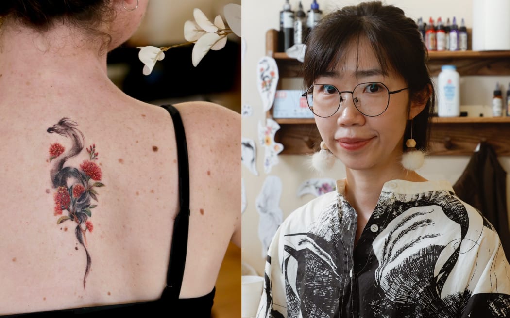 Tatoo artist Lily (RNZ / Yiting Lin) and her artwork (Supplied / Blank-leaving Tattoo Studio)