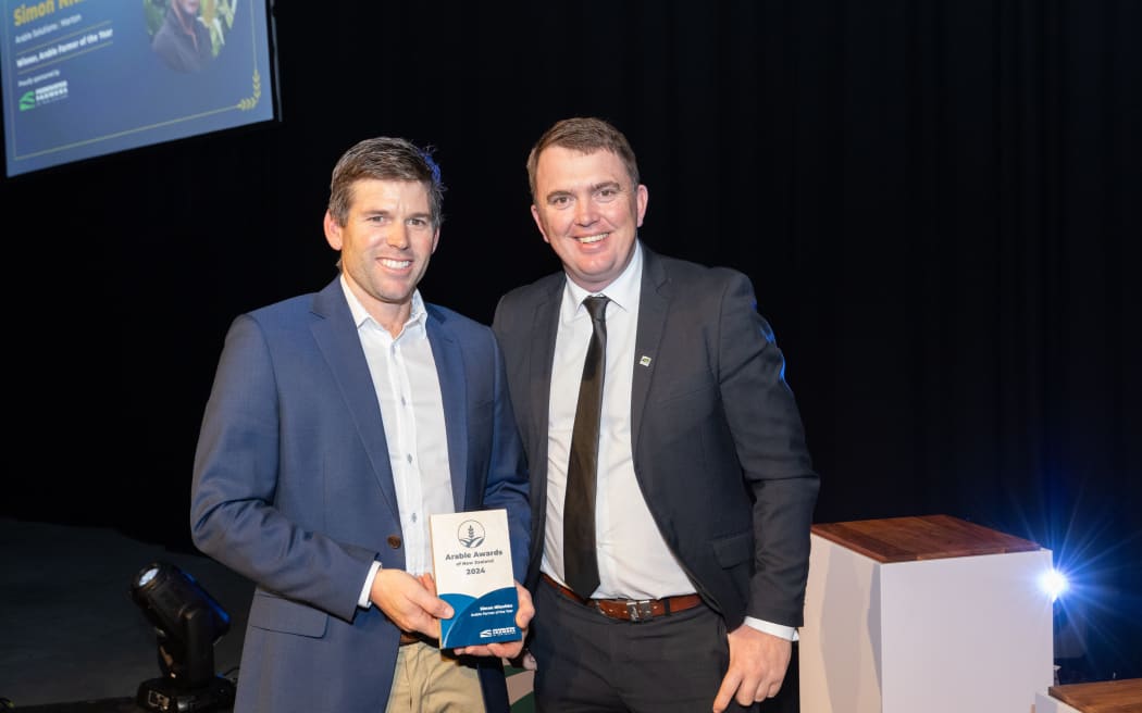 Maize Farmer of the Year Simon Nitschke and Federated Farmers president Wayne Langford at the Arable Industry Awards in Christchurch on 15 August 2024.