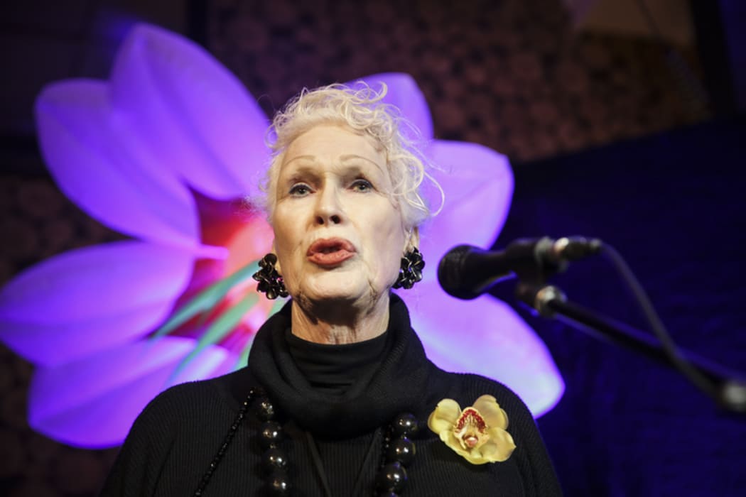08082016. Photo Rebekah Parsons-King. Carmen Rupe lights light up green on multiple crossings down Cuba Street in Wellington. Dana, a close friend of Carmen's makes a speech.
