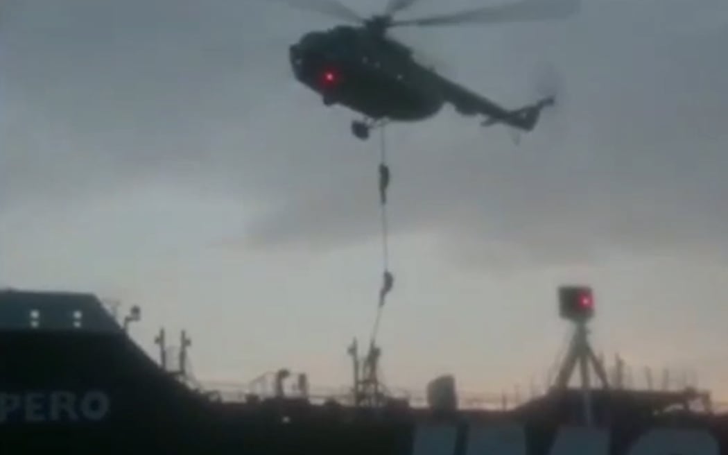 This image grab taken from a video provided by Iran's Revolutionary Guard official website via SEPAH News on July 20, 2019, allegedly shows Revolutionary Guard Corps boarding the British-flagged tanker Stena Impero in the Strait of Hormuz.