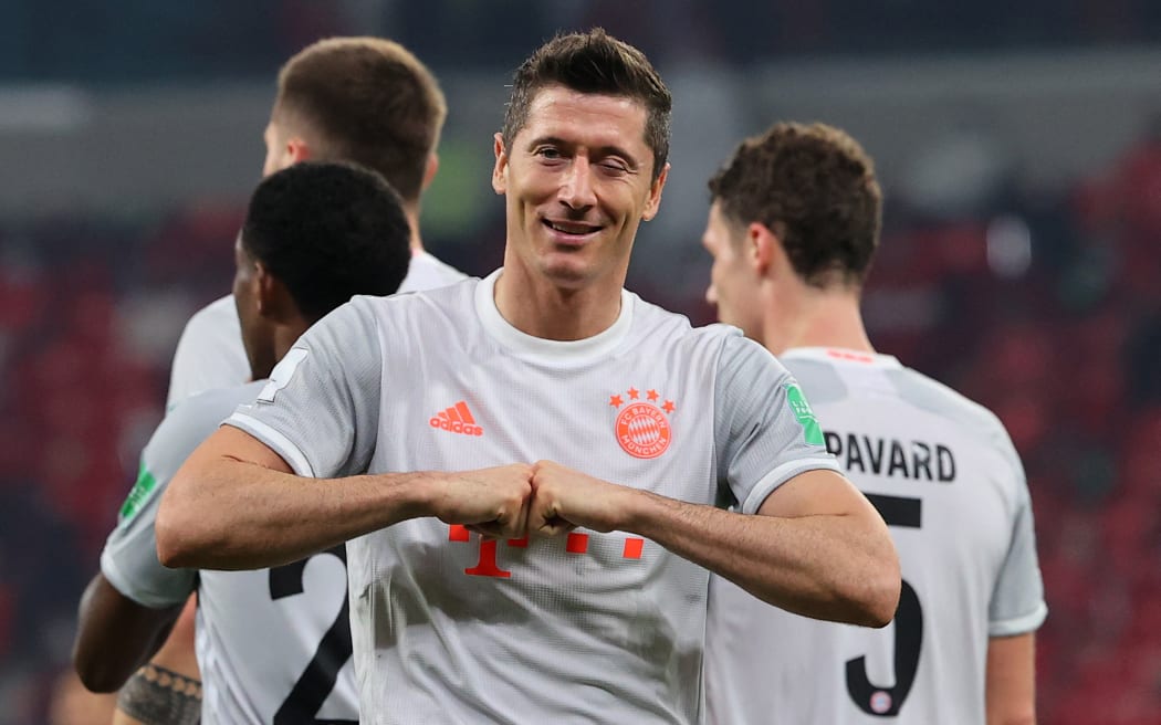 Bayern Munich's Polish forward Robert Lewandowski celebrates his second goal during the FIFA Club World Cup semi-final football match against Egypt's Al-Ahly at the Ahmed bin Ali Stadium in the Qatari city of Ar-Rayyan on February 8, 2021.