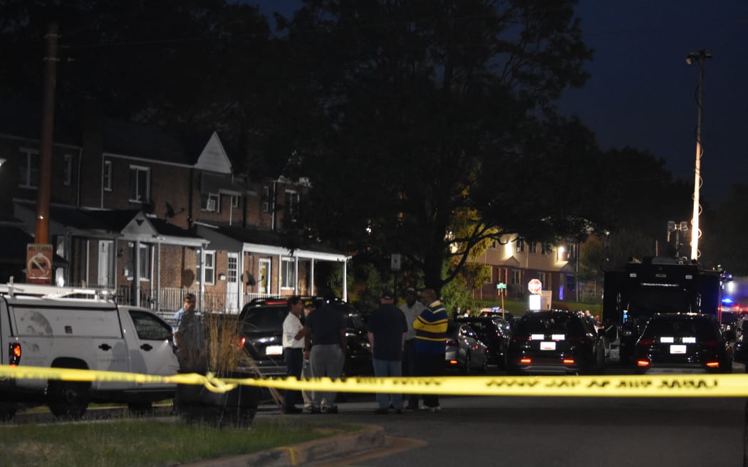 Police in Baltimore, Maryland, United States on July 2, 2023 are on the scene of a mass shooting incident. At around 12:30 AM Eastern Time, Sunday in the 800 block of Gretna Court in the Southern District, a shooting took place. 30 victims are from this shooting. Two people are deceased and three people are in critical condition. The rest who are victims vary in condition. (Photo by Kyle Mazza/NurPhoto) (Photo by Kyle Mazza / NurPhoto / NurPhoto via AFP)