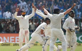 India celebrate wicket of BJ Watling during the Black Caps first test in Kanpur