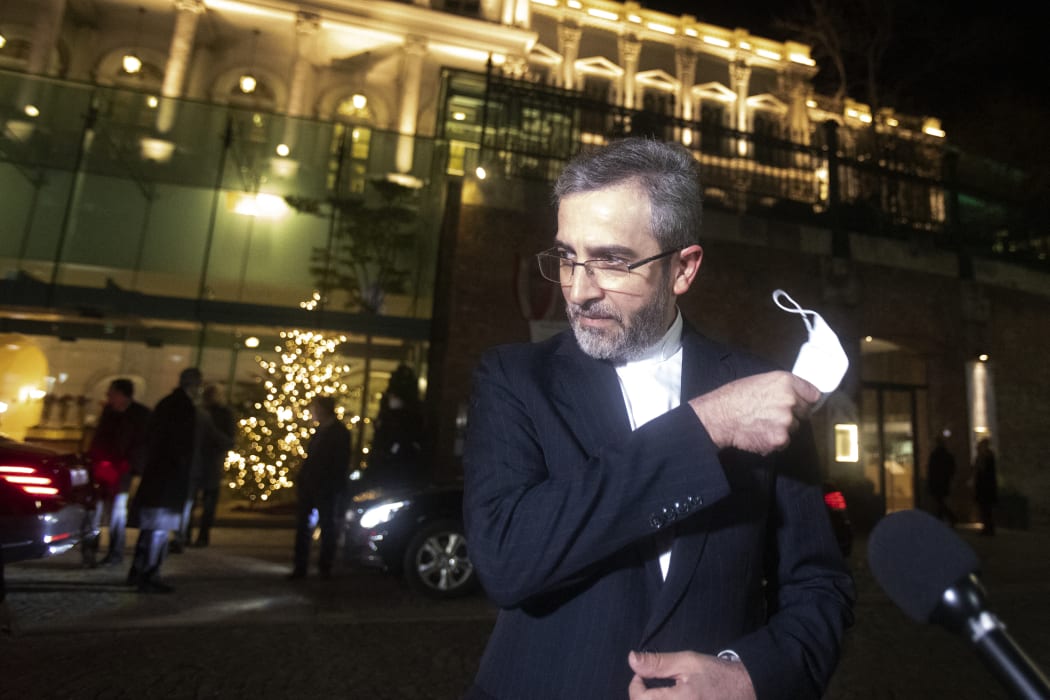 Iran's chief nuclear negotiator Ali Bagheri Kani speaks to media in front of the Palais Coburg, the venue of the Joint Comprehensive Plan of Action (JCPOA) meeting in Vienna, on Monday.