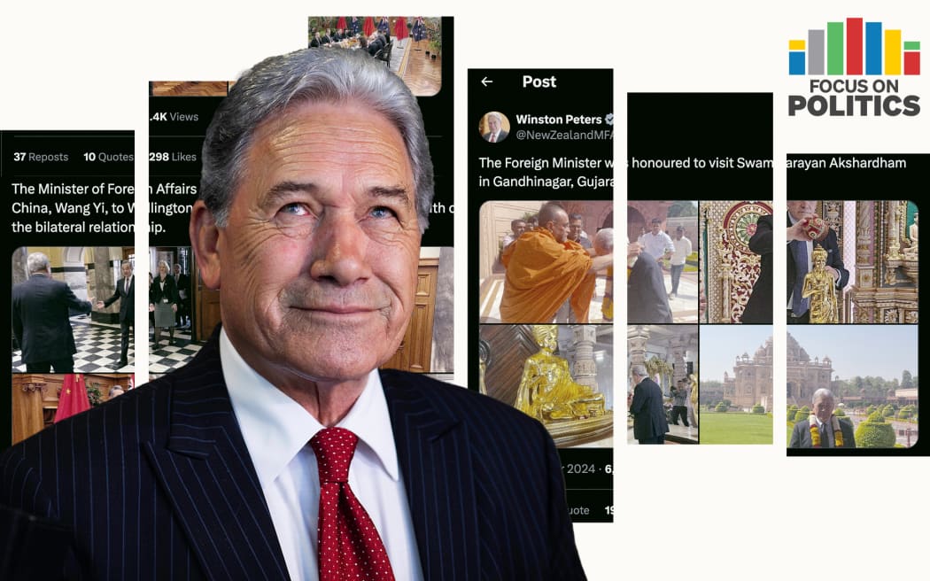 Focus on Politics: Composite of Winston Peters smiling with collaged images of his twitter feed in background