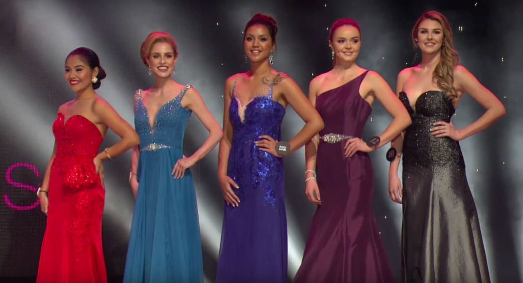 The top five Miss Universe NZ contestants (L-R): Shekinah Delos Santos, Sarah Hensby-Bennett, Harlem-Cruz Ihaia, Holly Waghorn and Brooke Houia