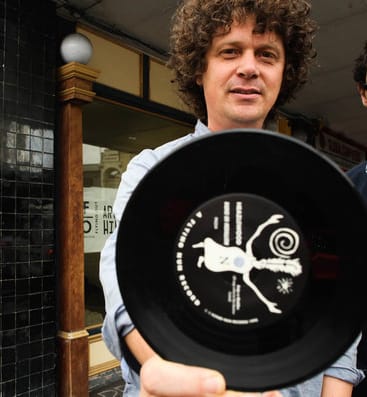 Ben Howe and Matthew Davis outside the Flying Out Record Store.