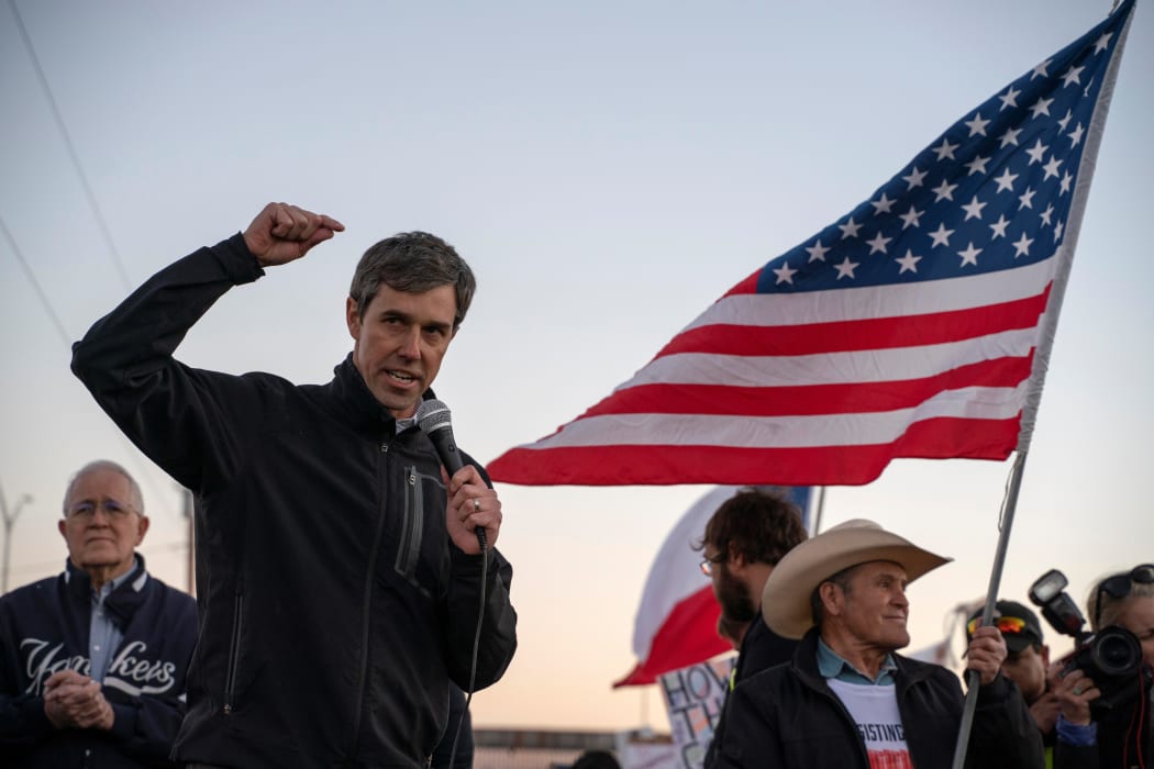 Former Texas Congressman Beto O'Rourke speaks to a crowd of marchers during the anti-Trump "March for Truth" in El Paso, Texas.
