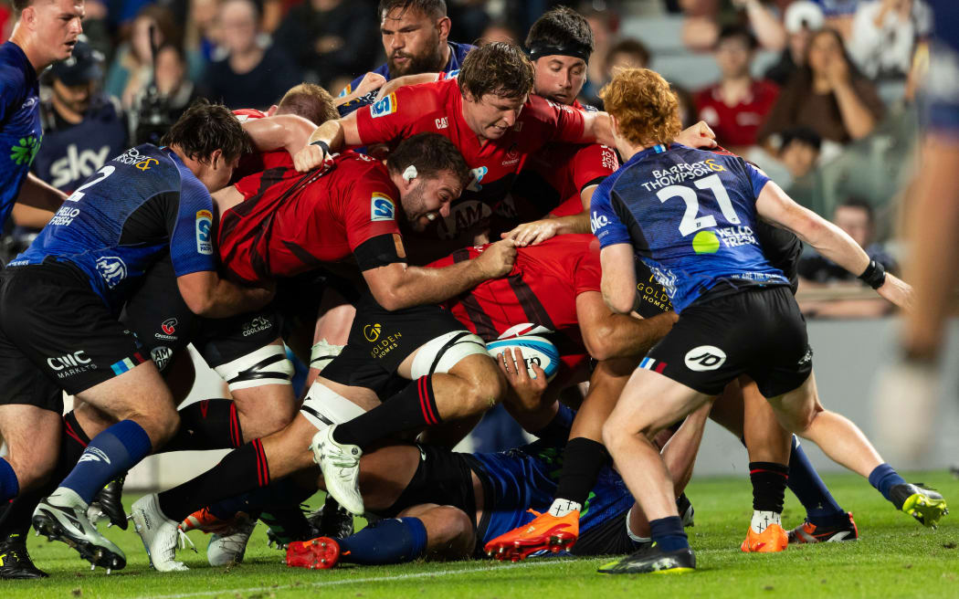 Crusaders forwards drive Tom Christie across the line for a try during the Super Rugby Paciﬁc - Blues v Crusaders at Eden Park, Auckland - New Zealand - on Saturday 22nd  March  2025.
Photo credit: Brett Phibbs / www.photosport.nz