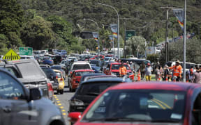 Cars are bumper to bumper on the roads at Waitangi.
