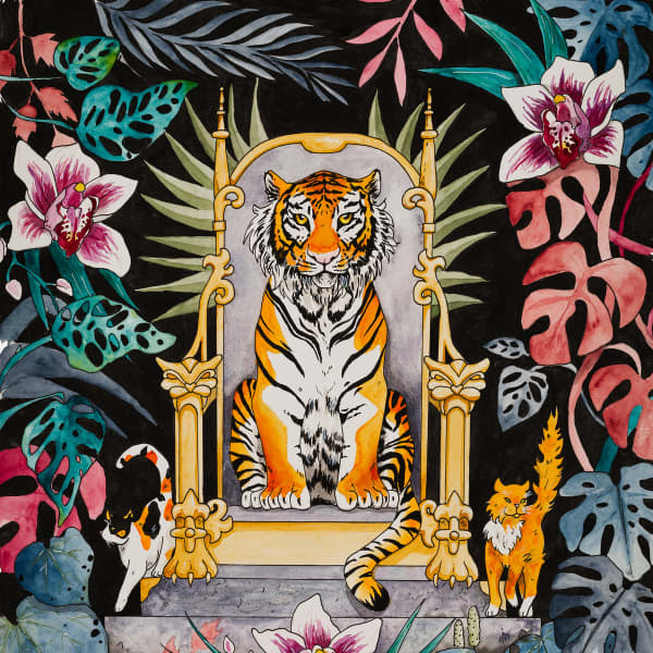 The cover of Empress Era shows an illustration of a lion o a throne surrounded by flowers.
