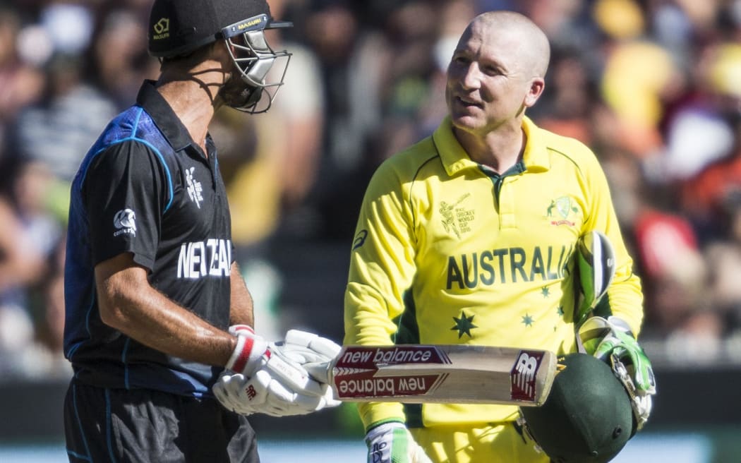 Grant Elliott and Brad Haddin exchange words during the World Cup final in Melbourne.