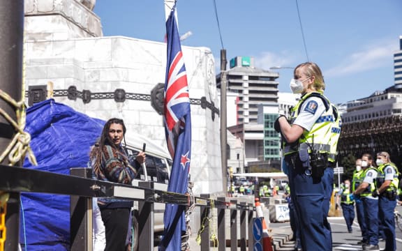 Police at Covid convoy protest - Parliament, Wellington on 24 February.