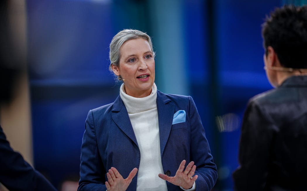 21 February 2025, Berlin: Alice Weidel, AfD candidate for chancellor and leader of the AfD parliamentary group, talks to presenter Dunja Hayali in an interview on the ZDF morning show "moma vor der Wahl". Photo: Kay Nietfeld/dpa (Photo by KAY NIETFELD / DPA / dpa Picture-Alliance via AFP)
