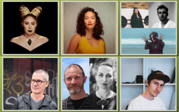 SOUNZ and APRA's songwriting and composition finalists, from top left, clockwise; Maioha Award finalists Em-Haley Walker, also known as Theia, Ria Hall, Aja Ropata, Byllie-Jean, Chris Wethey, and SOUNZ Contemporary Award finalists Neville Hall, Philip Brownlee and Ariana Tikao, and Reuben Jelleyman.