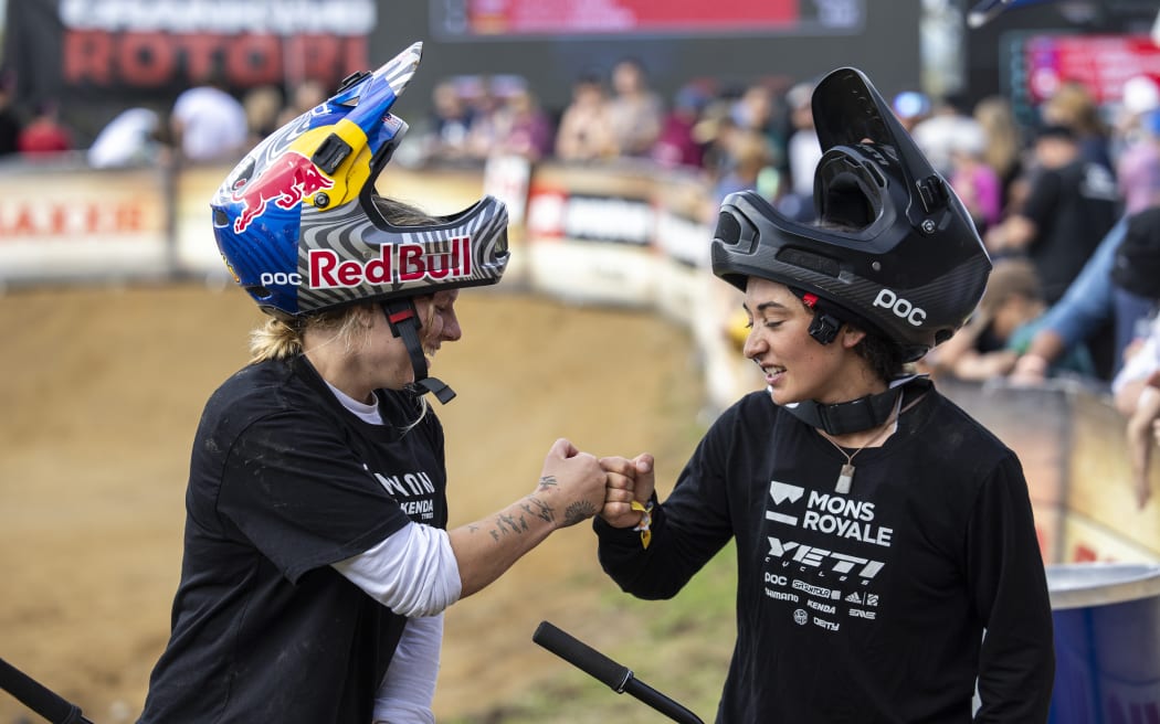 Harriet Burbidge-Smith and Robin Goomes celebrate getting 1st and 2nd place  at the Maxxis Slopestyle.