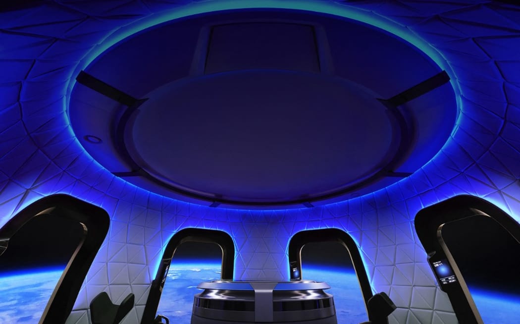 The interior of the Blue Origin Crew Capsule. The company founded by American billionaire Jeff Bezos will send humans into space for the first time on July 20, for a journey of a few minutes in zero gravity aboard his New Shepard rocket.