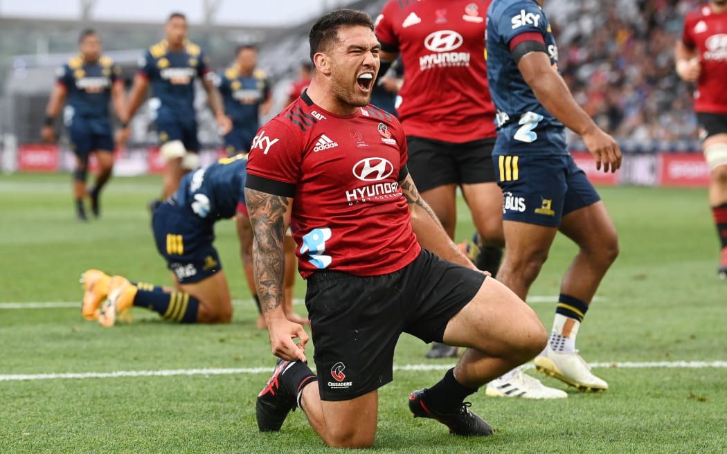 Codie Taylor celebrates a try, 
Highanders v Crusaders, Super Rugby Aotearoa. Forsyth Barr Stadium, Dunedin. New Zealand. Friday 26 February 2021. Â© Copyright Photo: Andrew Cornaga / www.photosport.nz
