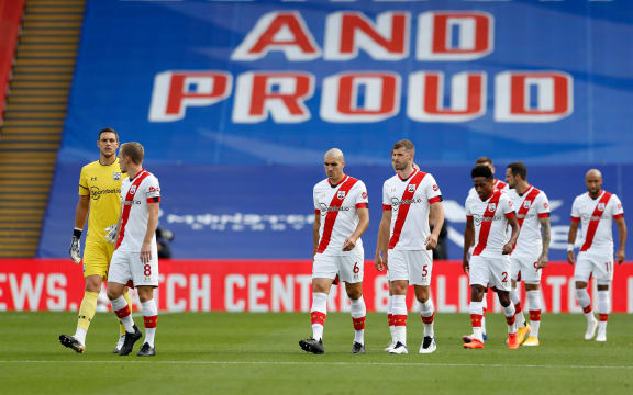 Southampton starting eleven walk onto the pitch from the tunnel.