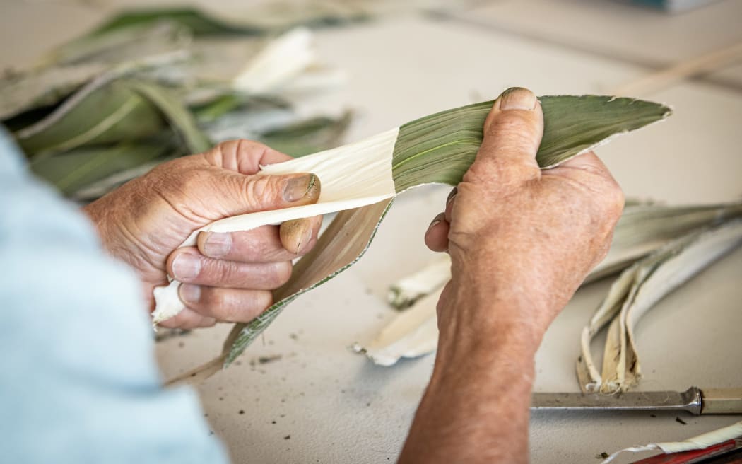 Preparing Tīkumu for weaving.