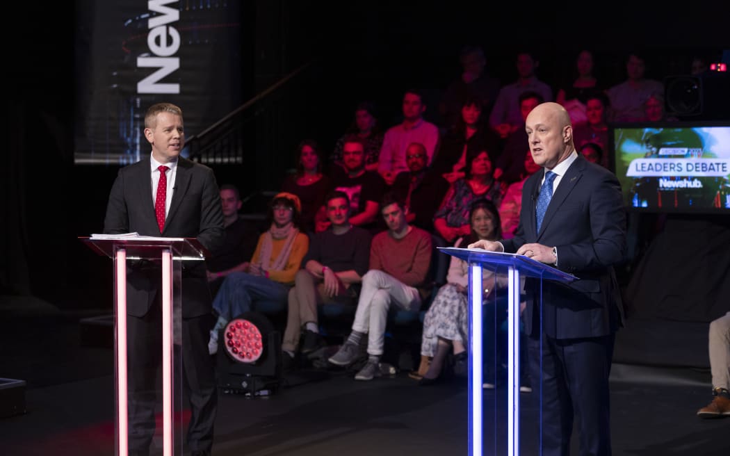 Election 2023 Newshub debate Chris Hipkins and Christopher Luxon are grilled by Patrick Gower from Newshub during the Newshub decision 2023 leaders debate at Q Theatre in Auckland on Wednesday night. 27 September 2023