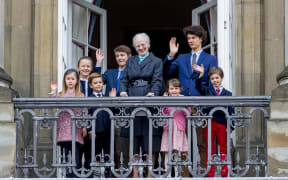 Queen Margrethe of Denmark, Prince Christian, Princess Isabella, Prince Vincent, Princess Josephine, Prince Nikolai, Prince Felix, Prince Henrik and Princess Athena pose on the balcony of Amalienborg palace during the Danish Queen's 78th Birthday celebrations on April 16, 2018 in Copenhagen.
