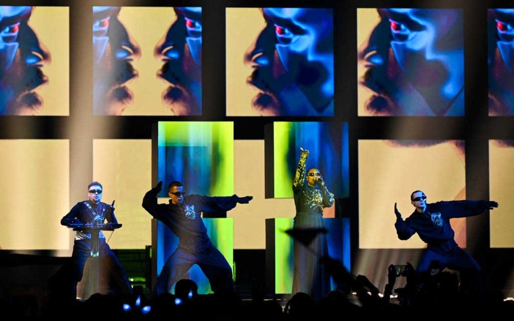 Music duo Tvorchi performs on behalf of Ukraine during the final of the Eurovision Song contest.