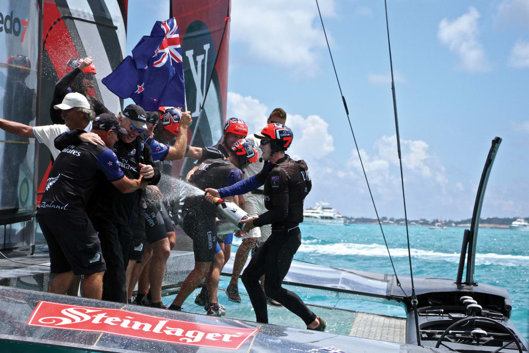 Emirates Team New Zealand at the finish line at the America's Cup in Bermuda 2017.