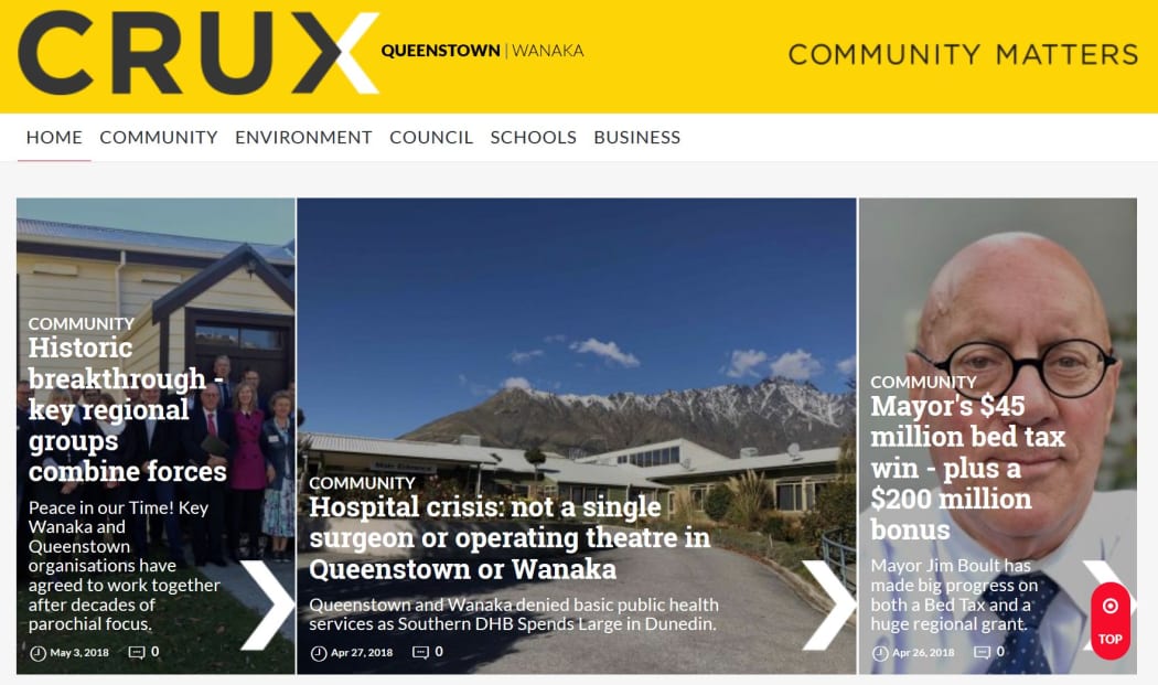 Crux.org.nz - the Queenstown homepage of the new non-profit local news website.