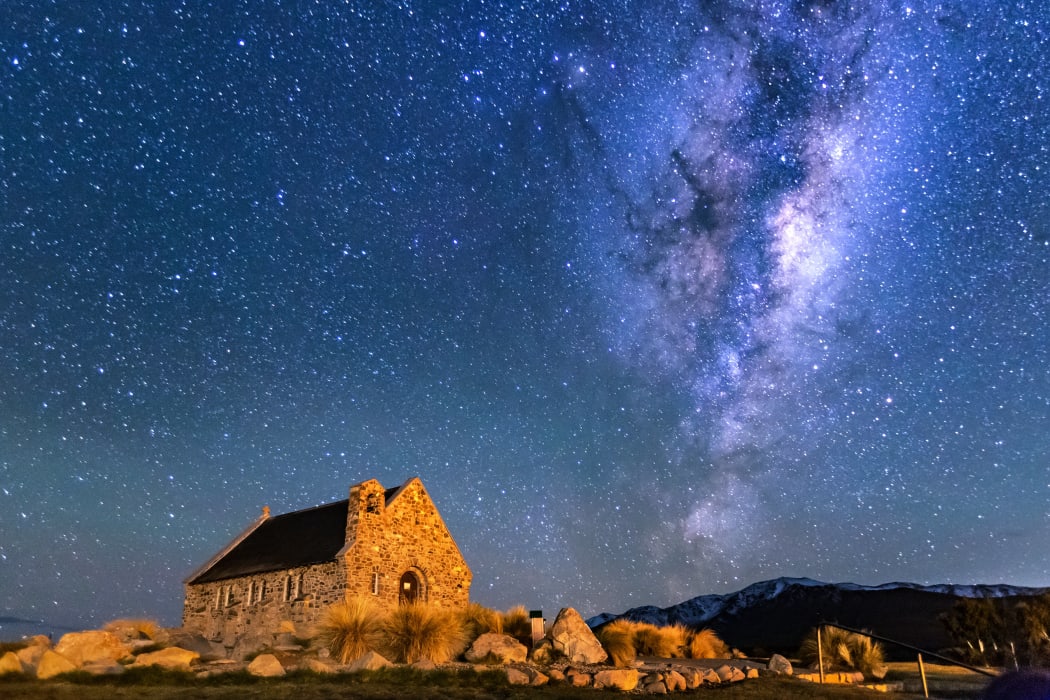 Milky Way Rising Above Church Of Good Shepherd, Tekapo NZ with Aurora Australis Or The Southern Light. Dark Sky.