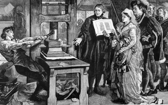 William Caxton showing specimens of his printing to King Edward IV and his Queen.