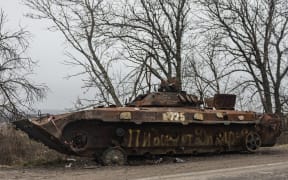 This photograph shows a destroyed Russian infantry fighting vehicle in the Donetsk region, eastern Ukraine on 26 December, 2022.