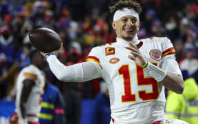 Patrick Mahomes #15 of the Kansas City Chiefs warms up.