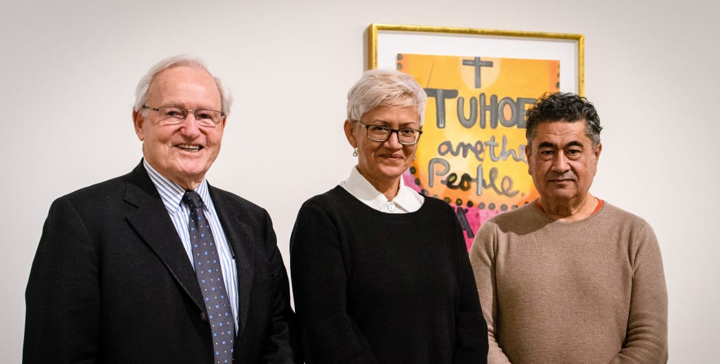 Jim Bolger, Wena Harawira, Tamati Kruger at the Colin McCahon: On Going Out with the Tide exhibition