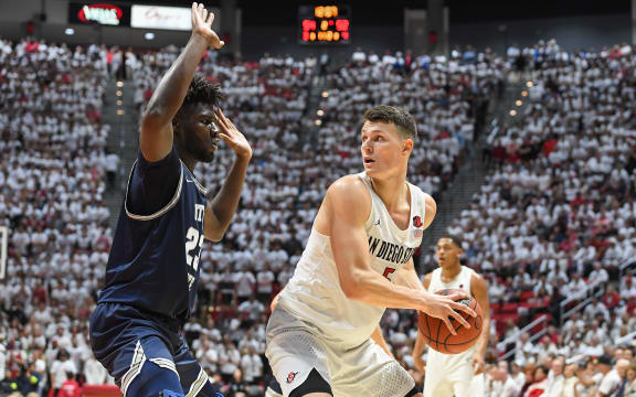 SAN DIEGO, CA - FEBRUARY 01: San Diego State Aztecs forward Yanni Wetzell (5) during a college basketball game between the Utah State Aggies and the San Diego State Aztecs on February 01, 2020 at Viejas Arena at Aztec Bowl in San Diego, CA.