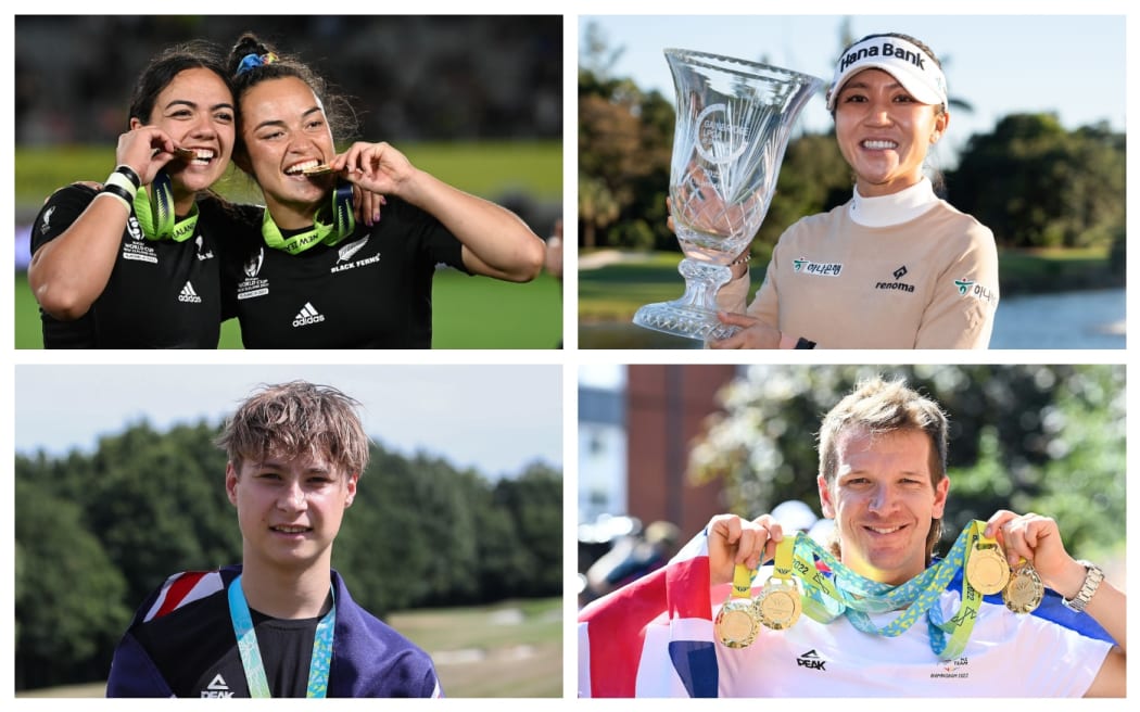 Black Ferns Stacey Fluhler and Theresa Fitzpatrick, Lydia Ko, Aaron Gate and Joshua Willmer