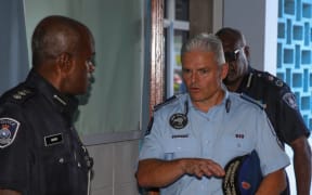 Police Commissioner Richard Chambers, right, at the Fiji Police Force headquarters in Suva. 2 May 2025