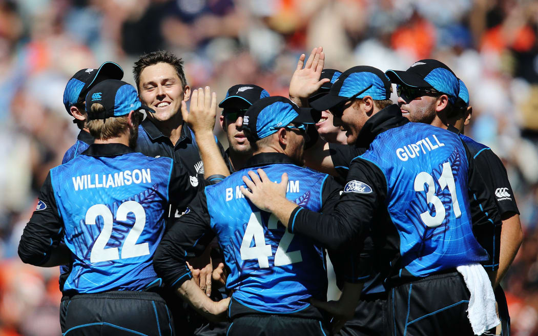 Trent Boult celebrates his wicket of Michael Clarke at the 2015 Cricket World Cup.