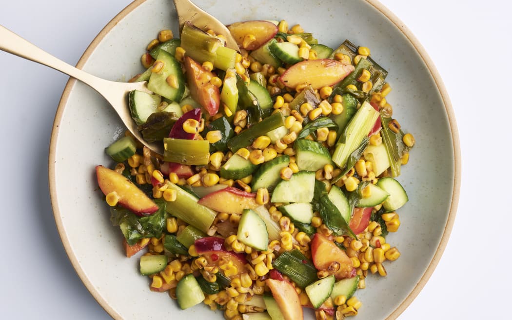Grilled Sweetcorn & Nectarine Salad with Miso Dressing - a recipe by Alby Hailes