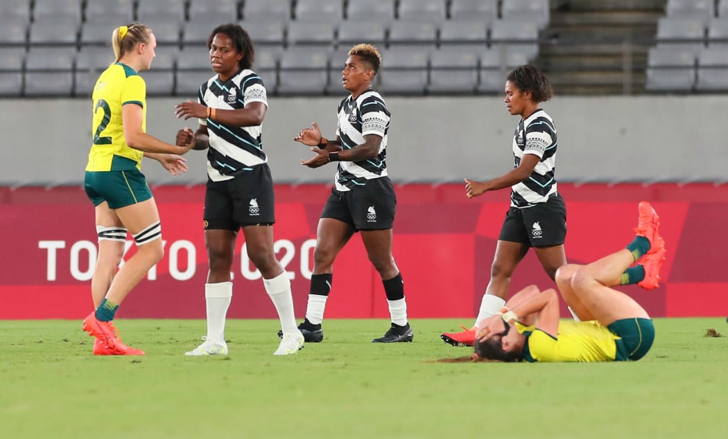Charlott Caslick and Maddison Levi after Australia v Fiji, Tokyo 2020 Olympic Games Rugby Women's Quater Final match at Tokyo Stadium, Tokyo, Japan on Manday 30th July 2021.
Mandatory credit: @ Kenji Demura / www.photosport.nz