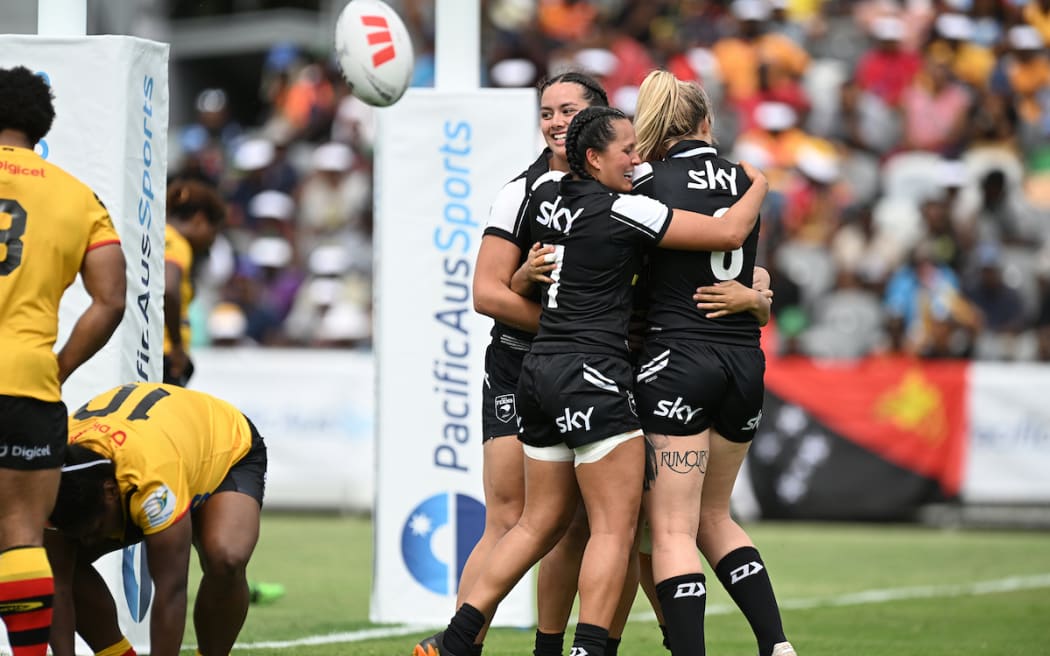Kiwi Ferns try celebrations.
Papua New Guinea Orchids v Kiwi Ferns, Pacific Championships test match.