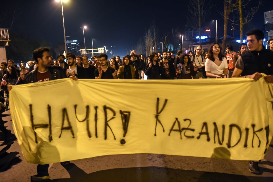 Supporters of 'No' gather in Istanbul to protest following results of the national referendum on constitutional changes in Turkey.