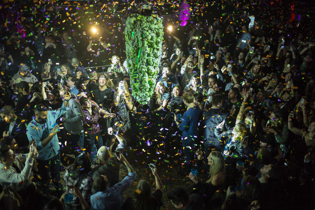 Torontonians gather at a local concert venue to watch the "bud drop" at the stroke of midnight, in celebration of the legalization of recreational cannabis.