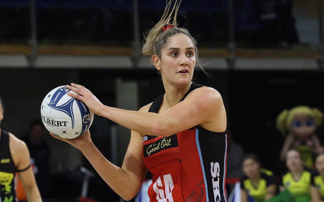 Mainland Tactix goal attack Te Paea Selby-Rickit during the ANZ Premiership game against the Central Pulse at the Te Rauparaha Arena in Porirua on 9 July 2021.
